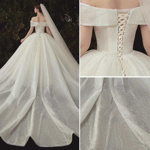 High End Ivory / Creme Glanz Brautkleider / Hochzeitskleider 2020 Ballkleid Off Shoulder Pailletten Kurze Ärmel Rückenfreies Kathedrale Schleppe