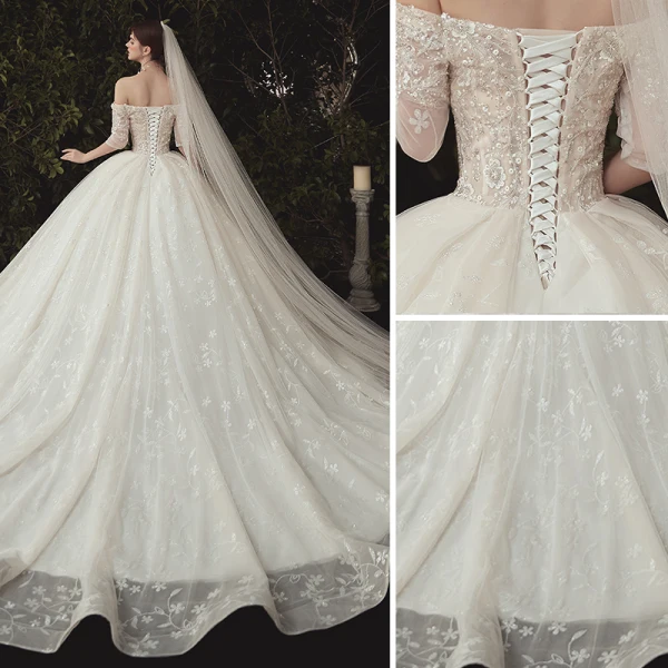 Luxus / Herrlich Ivory / Creme Brautkleider / Hochzeitskleider 2020 Ballkleid Off Shoulder Perlenstickerei Spitze Blumen Pailletten Kurze Ärmel Rückenfreies Kathedrale Schleppe