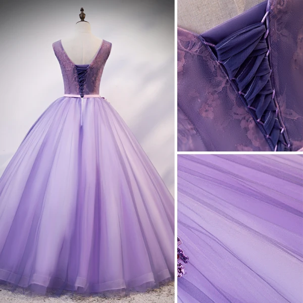 Flower Fairy Fairytale Lavender Quinceañera Prom Dresses 2020 Ball Gown Scoop Neck Appliques Pearl Rhinestone Bow Lace Flower Sleeveless Backless Floor-Length / Long Formal Dresses