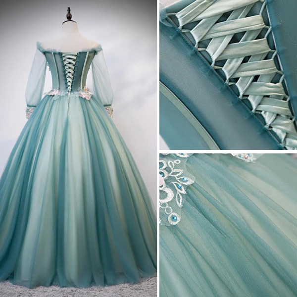 Flower Fairy Jade Green Fairytale Prom Dresses 2020 Ball Gown Off-The-Shoulder Pearl Rhinestone Lace Flower Appliques 3/4 Sleeve Backless Floor-Length / Long Formal Dresses