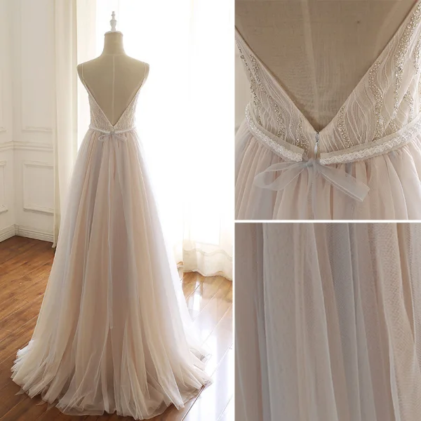 Luxe Beige Robe De Soirée 2020 Princesse Bretelles Spaghetti Perlage En Dentelle Fleur Paillettes Sans Manches Dos Nu Noeud Longue Robe De Ceremonie