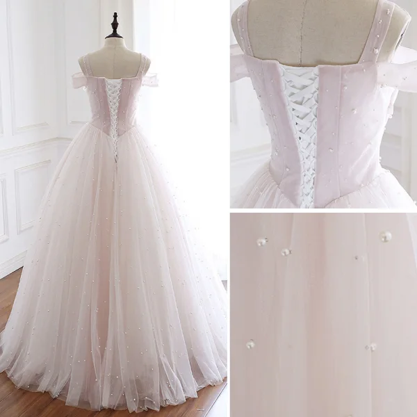 High End Rosa Perle Brautkleider / Hochzeitskleider 2020 A Linie Eckiger Ausschnitt Ärmellos Rückenfreies Lange