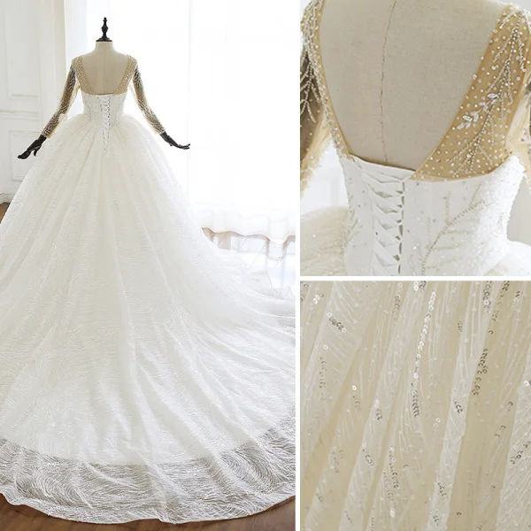 Luxe Ivoire Robe De Mariée 2020 Robe Boule Encolure Dégagée Perlage En Dentelle Faux Diamant Paillettes Manches Longues Dos Nu Cathedral Train