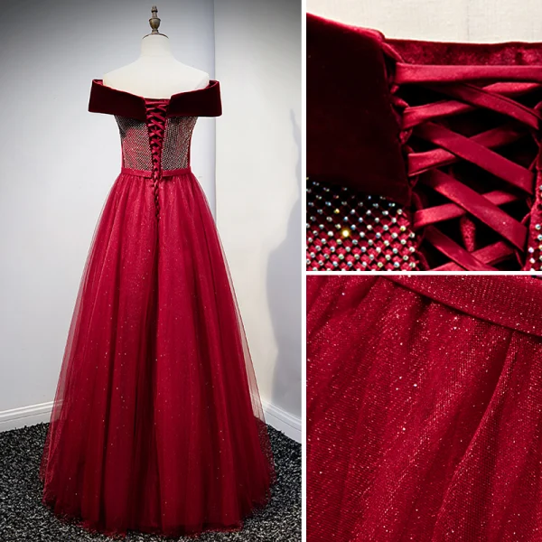 Élégant Glitter Daim Bordeaux Robe De Bal 2021 Princesse De l'épaule Faux Diamant Manches Courtes Dos Nu Longue Promo Robe De Ceremonie