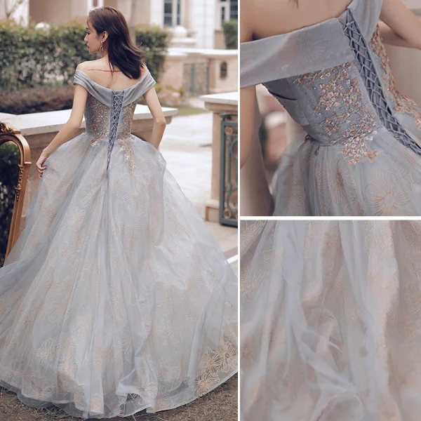 Fashion Grey Gold Prom Dresses 2021 A-Line / Princess Off-The-Shoulder Sequins Lace Flower Short Sleeve Backless Floor-Length / Long Prom Formal Dresses
