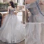 Fashion Grey Gold Prom Dresses 2021 A-Line / Princess Off-The-Shoulder Sequins Lace Flower Short Sleeve Backless Floor-Length / Long Prom Formal Dresses
