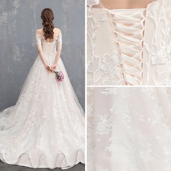 Élégant Champagne Robe De Mariée 2018 Princesse En Dentelle Appliques Encolure Dégagée Dos Nu Manches Courtes Chapel Train Mariage