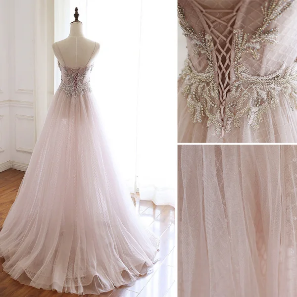 Luxury / Gorgeous Pearl Pink Handmade Beading Evening Dresses 2020 A-Line / Princess Spaghetti Straps Rhinestone Sleeveless Backless Sweep Train Formal Dresses