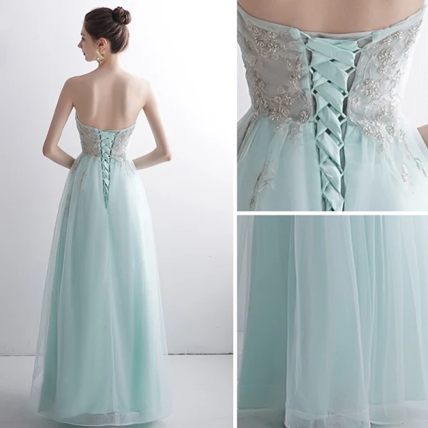 Classy Mint Green Evening Dresses 2020 A-Line / Princess Strapless Beading Lace Flower Sleeveless Backless Floor-Length / Long Formal Dresses