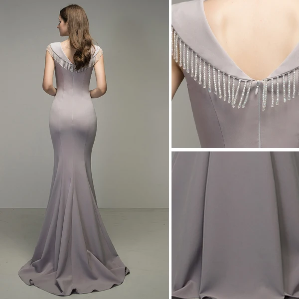 Élégant Argenté Gris Robe De Soirée 2020 Trompette / Sirène V-Cou Perlage Gland Sans Manches Dos Nu Train De Balayage Robe De Ceremonie