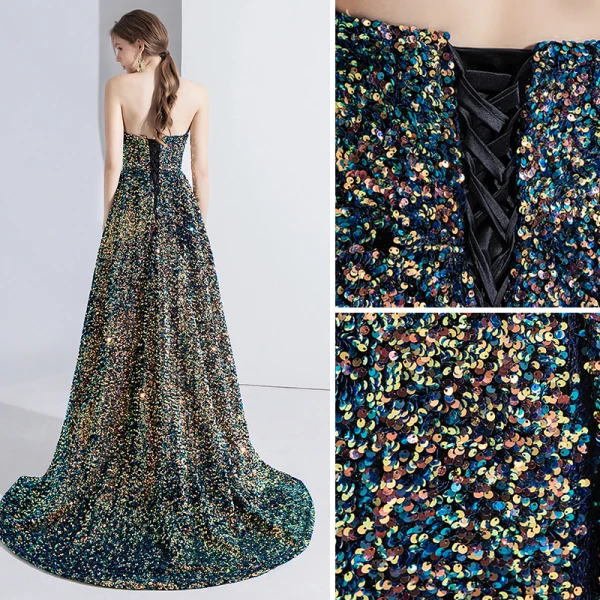 High End Multifarben Abendkleider 2020 Meerjungfrau Bandeau Perlenstickerei Pailletten Ärmellos Rückenfreies Sweep / Pinsel Zug Festliche Kleider