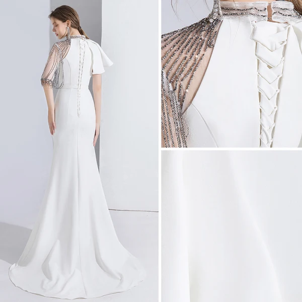 Fashion White Evening Dresses 2020 Trumpet / Mermaid Scoop Neck Beading Short Sleeve Sweep Train Formal Dresses