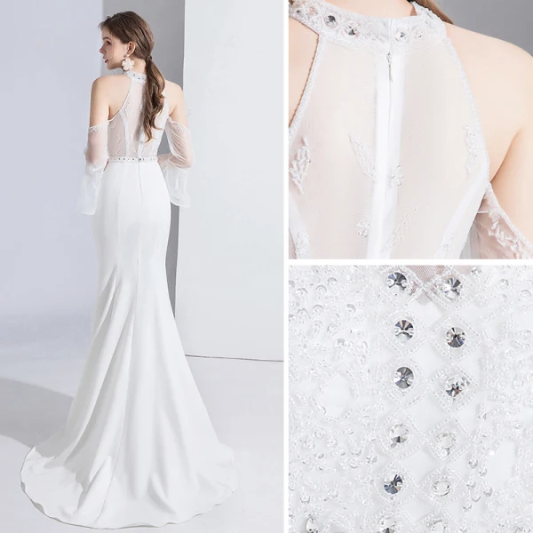 Fashion White Evening Dresses 2020 Trumpet / Mermaid Beading Rhinestone Sequins Lace Flower High Neck Bell sleeves Sweep Train Formal Dresses