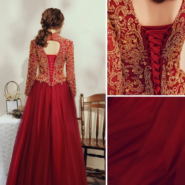 Elegant Burgundy Prom Dresses 2020 A-Line / Princess High Neck Beading Rhinestone Sequins 3/4 Sleeve Backless Floor-Length / Long Formal Dresses