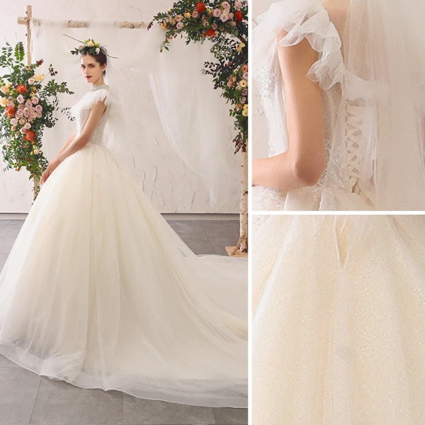 Elegante Ivory / Creme Brautkleider / Hochzeitskleider 2020 A Linie Stehkragen Perlenstickerei Quaste Pailletten Applikationen Ärmellos Rückenfreies Kathedrale Schleppe
