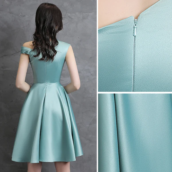 Fashion Mint Green Homecoming Satin Graduation Dresses 2021 A-Line / Princess Pearl One-Shoulder Sleeveless Knee-Length Formal Dresses