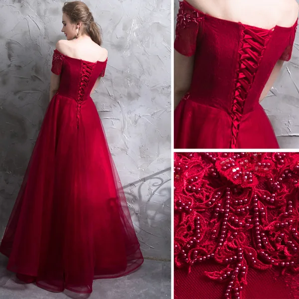 Sexy Burgundy Evening Dresses 2018 A-Line / Princess Lace Appliques Beading Crystal Off-The-Shoulder Backless Sleeveless Floor-Length / Long Formal Dresses