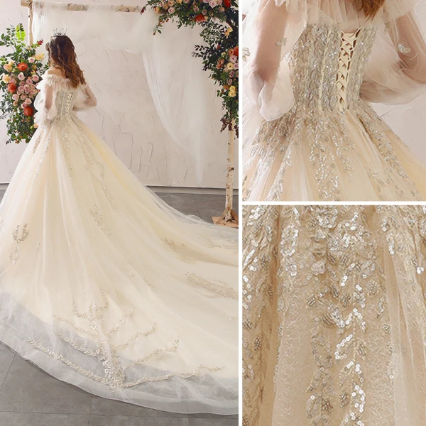 Charmant Champagne Robe De Mariée 2020 Princesse Bustier Perlage Paillettes En Dentelle Fleur Dos Nu Volants Manches Longues Cathedral Train