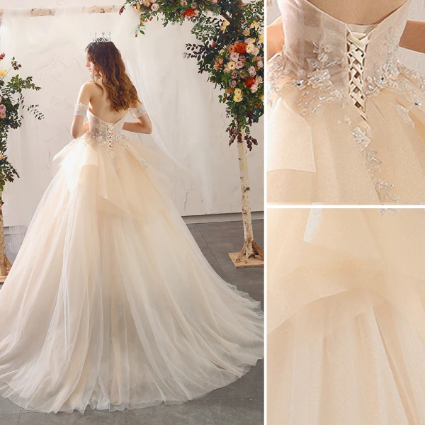 Charmant Champagner Brautkleider / Hochzeitskleider 2020 Ballkleid Bandeau Perlenstickerei Pailletten Applikationen Ärmellos Rückenfreies Sweep / Pinsel Zug