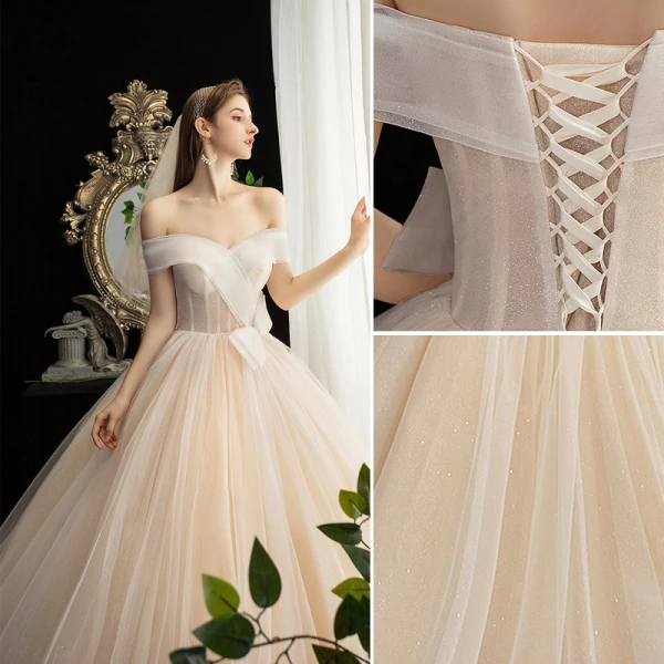 Fashion Champagne Glitter Wedding Dresses 2020 Ball Gown Off-The-Shoulder Bow Short Sleeve Backless Floor-Length / Long