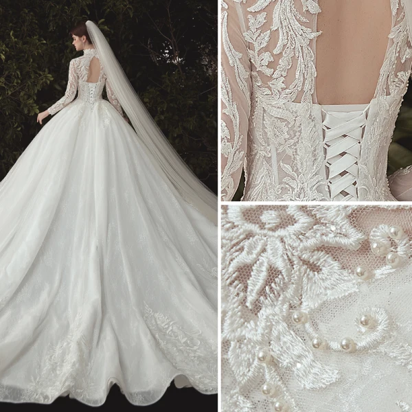 Vintage / Retro Chinese style Modest Ivory Bridal Wedding Dresses 2020 Ball Gown High Neck Pearl Lace Flower Long Sleeve Backless Cathedral Train