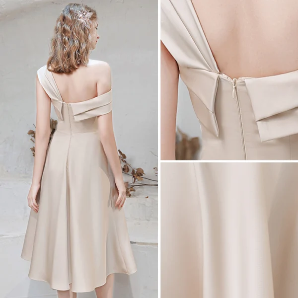 Mode Champagner Satin Heimkehr Abiballkleider 2021 A Linie One-Shoulder Schleife Kurze Ärmel Rückenfreies Wadenlang Festliche Kleider