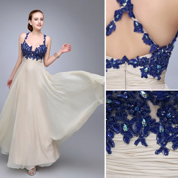 Sexy Königliches Blau Abendkleider 2020 A Linie Spaghettiträger Strass Spitze Blumen Ärmellos Rückenfreies Lange Festliche Kleider