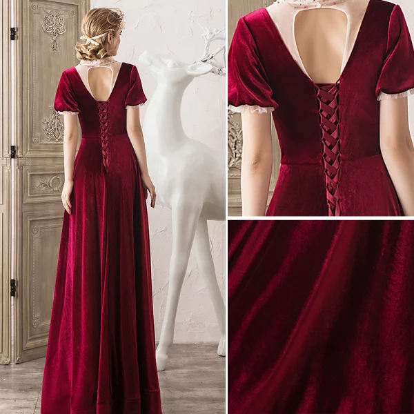 Elegant Burgundy Suede Evening Dresses 2020 A-Line / Princess Scoop Neck Beading Short Sleeve Backless Floor-Length / Long Formal Dresses