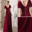 Elegant Burgundy Suede Evening Dresses  2020 A-Line / Princess Scoop Neck Beading Short Sleeve Backless Floor-Length / Long Formal Dresses
