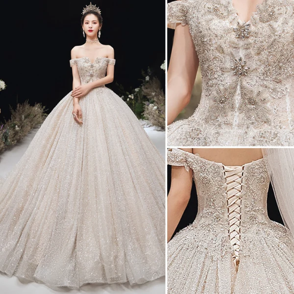 Luxury / Gorgeous Champagne Glitter Wedding Dresses 2020 Ball Gown Off-The-Shoulder Beading Rhinestone Lace Flower Sleeveless Backless Cathedral Train