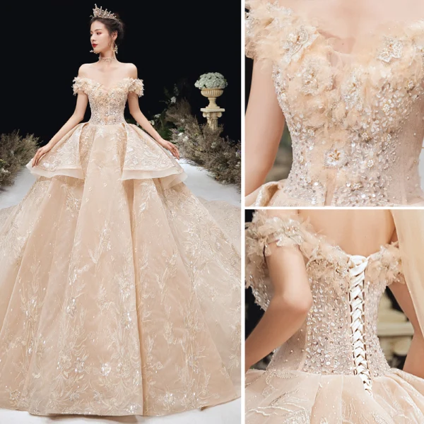 Luxury / Gorgeous Champagne Wedding Dresses 2020 Ball Gown Off-The-Shoulder Beading Sequins Rhinestone Pearl Lace Flower Short Sleeve Backless Royal Train