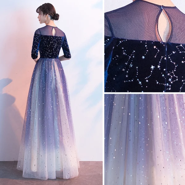 Fashion Sparkly Royal Blue Evening Dresses 2020 A-Line / Princess Scoop Neck Suede Lace Star Sequins 1/2 Sleeves Floor-Length / Long Formal Dresses