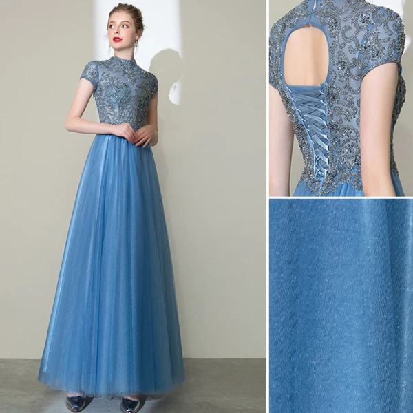 Elegant Pool Blue Prom Dresses 2020 A-Line / Princess High Neck Beading Rhinestone Short Sleeve Backless Floor-Length / Long Formal Dresses