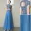 Elegant Pool Blue Prom Dresses 2020 A-Line / Princess High Neck Beading Rhinestone Short Sleeve Backless Floor-Length / Long Formal Dresses