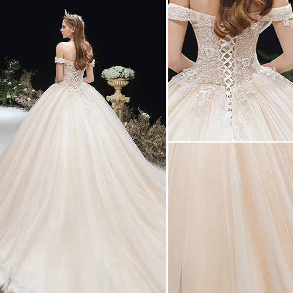 Charming Champagne Wedding Dresses 2020 Ball Gown Off-The-Shoulder Beading Lace Flower Sleeveless Backless Chapel Train