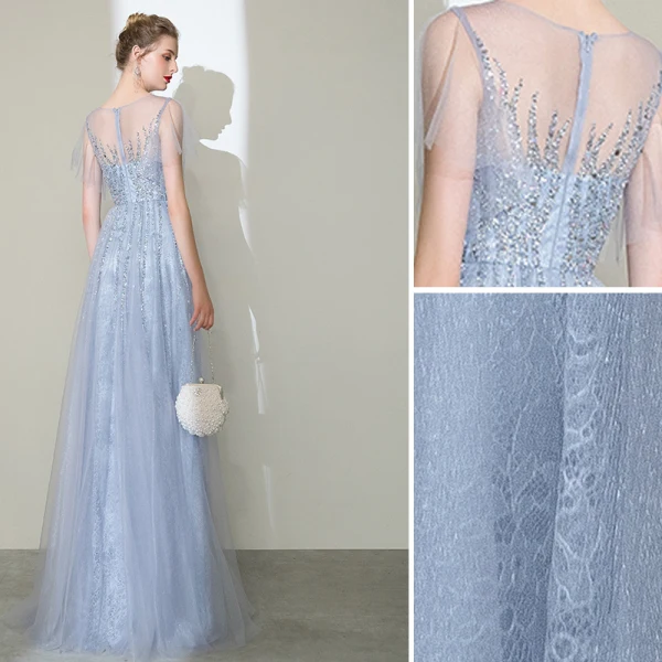 High-end Silver Handmade Evening Dresses 2020 A-Line / Princess Scoop Neck Beading Rhinestone Sequins Short Sleeve Floor-Length / Long Formal Dresses