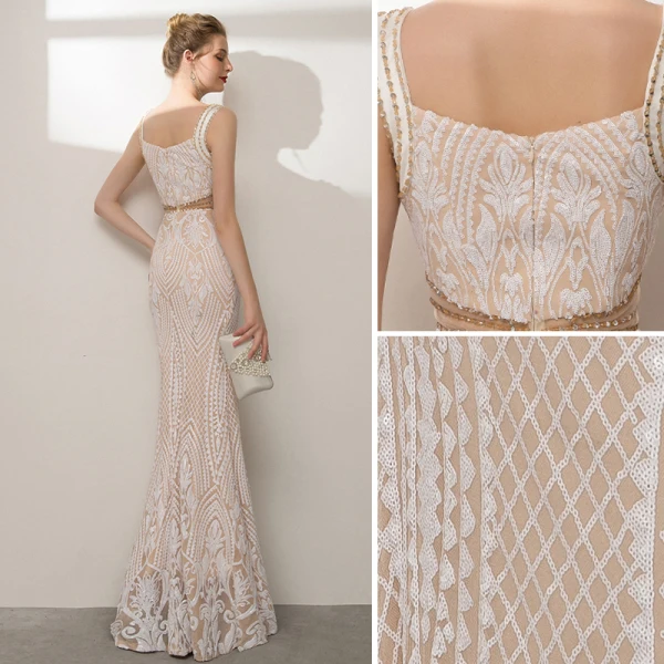 Charmant Scintillantes Champagne Robe De Soirée 2020 Trompette / Sirène Encolure Carrée Perlage Paillettes Faux Diamant Dos Nu Sans Manches Longue Robe De Ceremonie