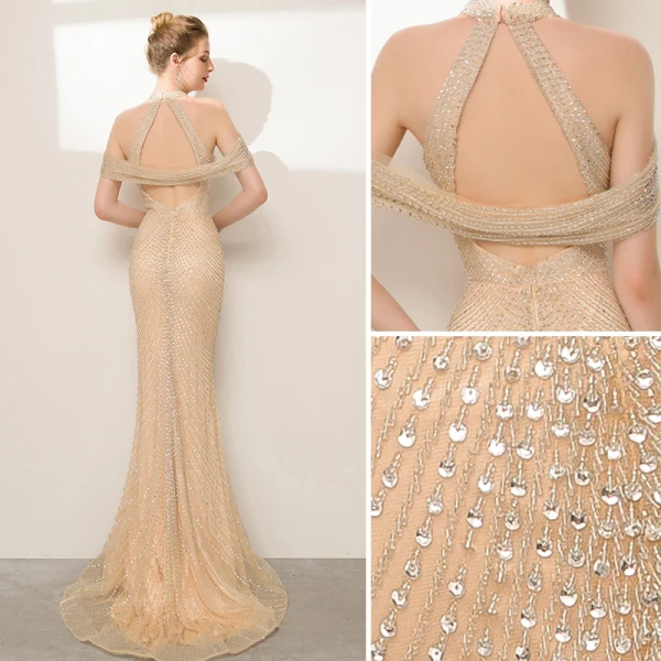 Luxe Scintillantes Champagne Robe De Soirée 2020 Trompette / Sirène Titulaire Fait main Perlage Paillettes Faux Diamant Sans Manches Fendue devant Train De Balayage Robe De Ceremonie