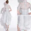 Chic / Belle Argenté Robe De Cocktail 2018 Princesse En Dentelle Fleur Ceinture Paillettes Col Haut Manches Courtes Asymétrique Robe De Ceremonie