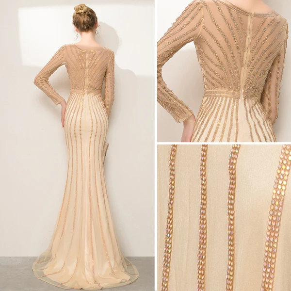 High-end Champagne Rhinestone Evening Dresses  2020 Trumpet / Mermaid Scoop Neck Long Sleeve Floor-Length / Long Formal Dresses