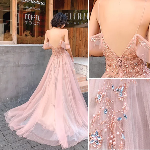 Sexy Rosa Abendkleider 2020 A Linie Spaghettiträger Perlenstickerei Perle Strass Pailletten Ärmellos Rückenfreies Gespaltete Front Lange Festliche Kleider