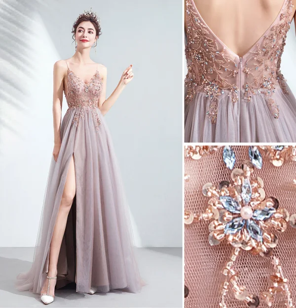 Charmant Rosa Ballkleider Abendkleider 2020 A Linie Spaghettiträger Perlenstickerei Strass Pailletten Ärmellos Rückenfreies Gespaltete Front Lange Festliche Kleider