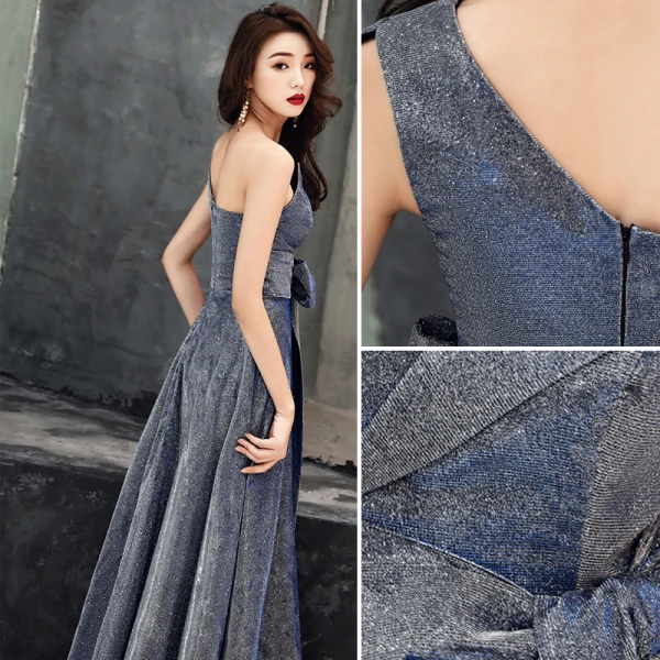 Glitzernden Marineblau Glanz Abendkleider 2020 A Linie One-Shoulder Schleife Ärmellos Rückenfreies Lange Festliche Kleider