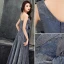 Glitzernden Marineblau Glanz Abendkleider 2020 A Linie One-Shoulder Schleife Ärmellos Rückenfreies Lange Festliche Kleider