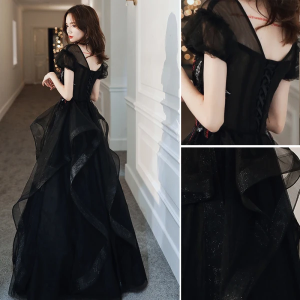 Fashion Black Evening Dresses  2020 A-Line / Princess V-Neck Rhinestone Sequins Lace Flower Short Sleeve Backless Cascading Ruffles Floor-Length / Long Formal Dresses