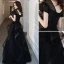 Fashion Black Evening Dresses  2020 A-Line / Princess V-Neck Rhinestone Sequins Lace Flower Short Sleeve Backless Cascading Ruffles Floor-Length / Long Formal Dresses