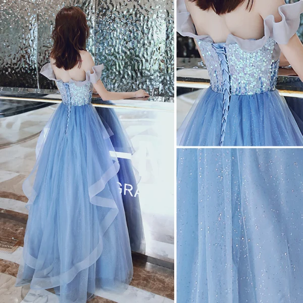 Chic / Beautiful Pool Blue Glitter Evening Dresses  2020 A-Line / Princess Off-The-Shoulder Sequins Sleeveless Backless Cascading Ruffles Floor-Length / Long Formal Dresses