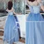 Chic / Beautiful Pool Blue Glitter Evening Dresses  2020 A-Line / Princess Off-The-Shoulder Sequins Sleeveless Backless Cascading Ruffles Floor-Length / Long Formal Dresses