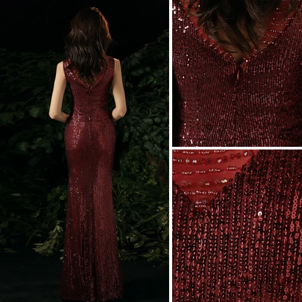 Scintillantes Bordeaux Robe De Soirée 2020 Trompette / Sirène Col Haut Cristal Paillettes Sans Manches Longue Robe De Ceremonie