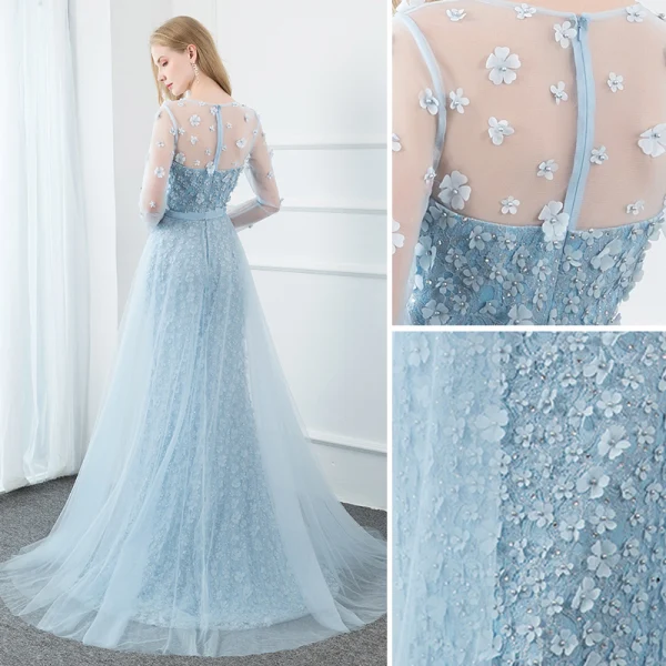 Fabuleux Bleu Ciel Robe De Soirée 2020 Trompette / Sirène Encolure Dégagée Perle Faux Diamant En Dentelle Fleur Appliques Manches Longues Longue Robe De Ceremonie